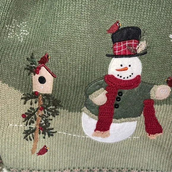Vintage Ugly Christmas Sweater Snowman Red Birds Button Down Cardigan - Picture 7 of 10